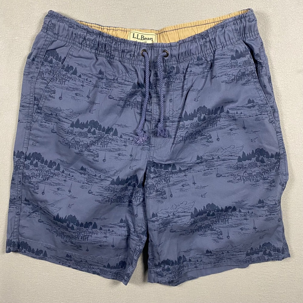 LL Bean Classic Fit Mens Blue Scenic Coastal Print Cotton Shorts Medium